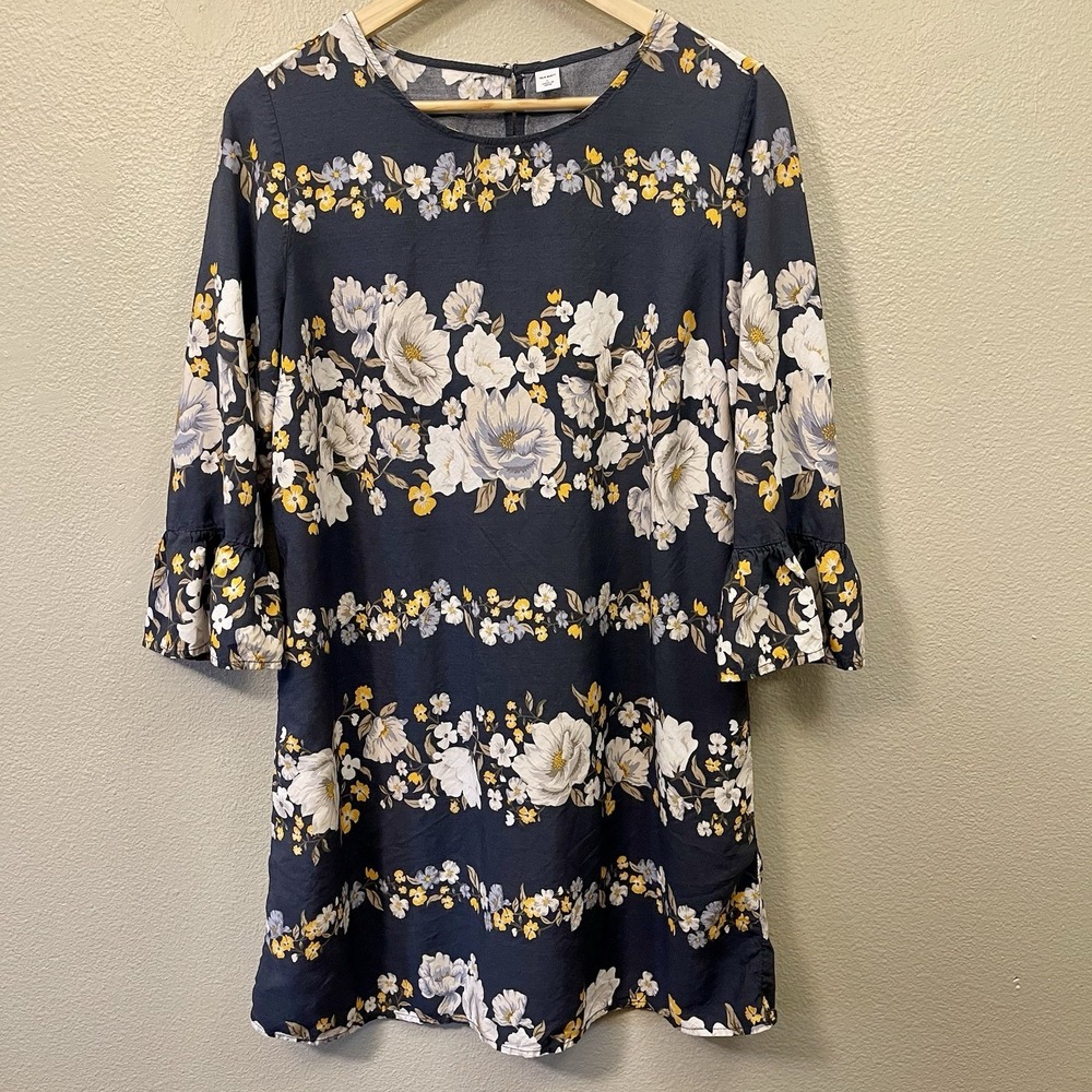 Old Navy Floral Dress 3/4 Ruffle Sleeves Straight Cut Gray Yellow Multi Size L